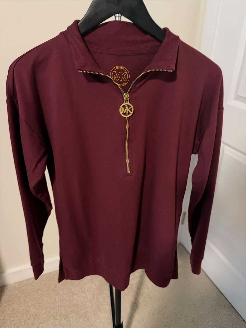 Michael Kors Men's Maroon Half-Zip Pullover with Gold MK Hardware